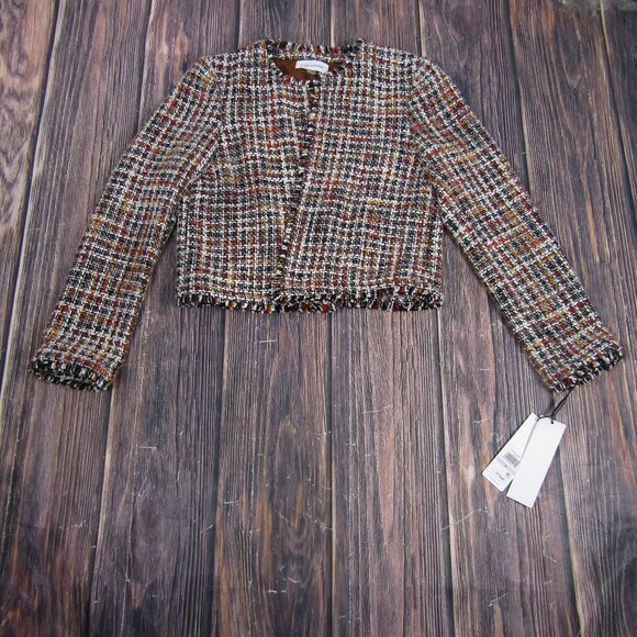 Calvin Klein Blazer Womens 6 Black White Tweed Boucle Fringe Cropped Open Front - Picture 1 of 8